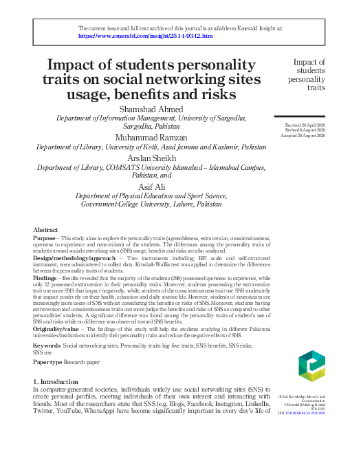 (PDF) Impact of students personality traits on social networking sites ...