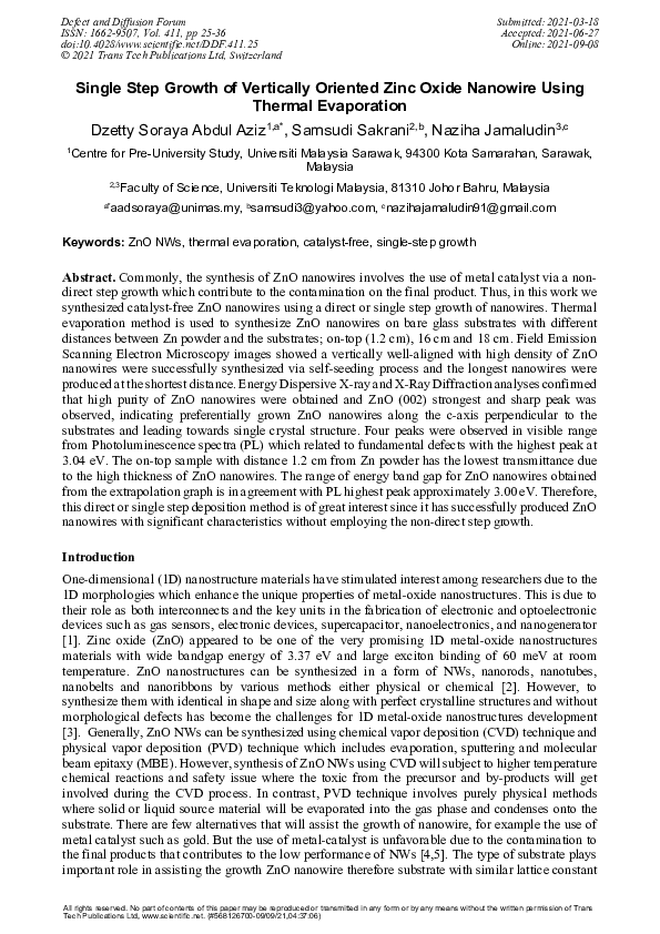 (PDF) Single Step Growth of Vertically Oriented Zinc Oxide Nanowire ...