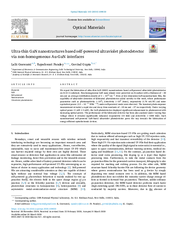 (PDF) Ultra-thin GaN nanostructures based self-powered ultraviolet ...