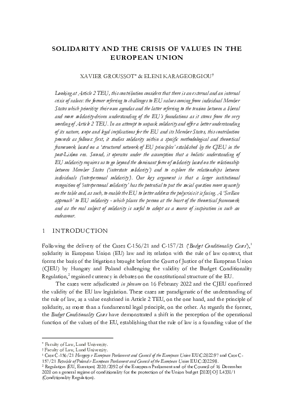 (PDF) SOLIDARITY AND THE CRISIS OF VALUES IN THE EUROPEAN UNION