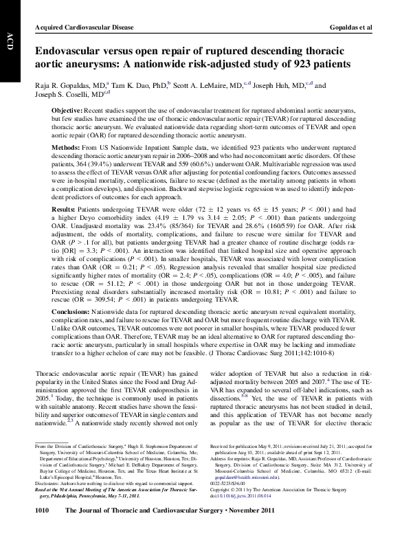 (PDF) Endovascular versus open repair of ruptured descending thoracic ...