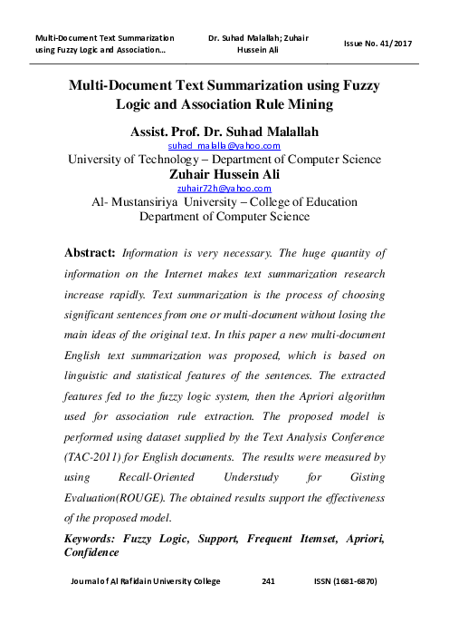 (PDF) Multi-Document Text Summarization using Fuzzy Logic and ...
