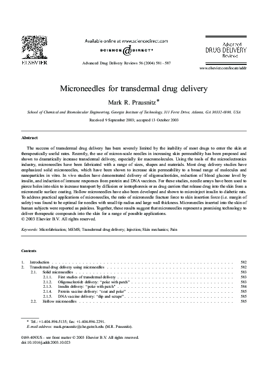 (PDF) Microneedles for transdermal drug delivery