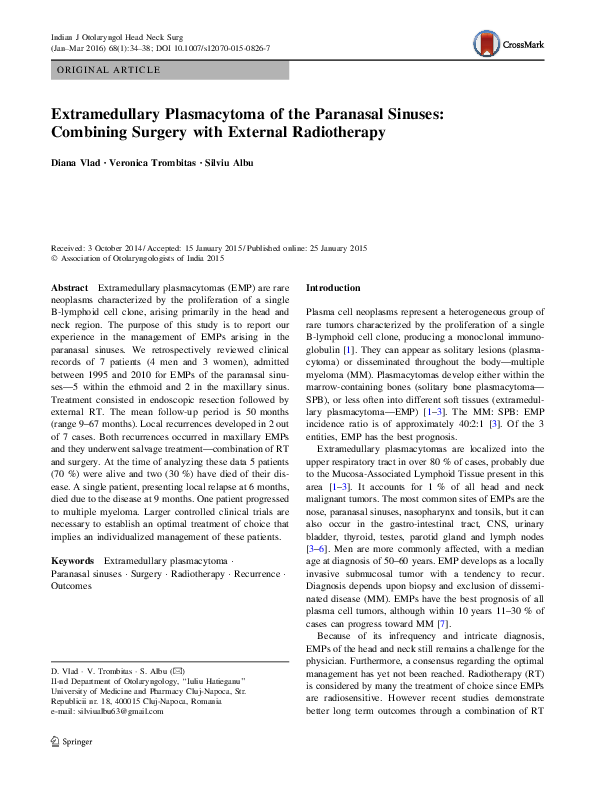 (PDF) Extramedullary Plasmacytoma of the Paranasal Sinuses: Combining ...