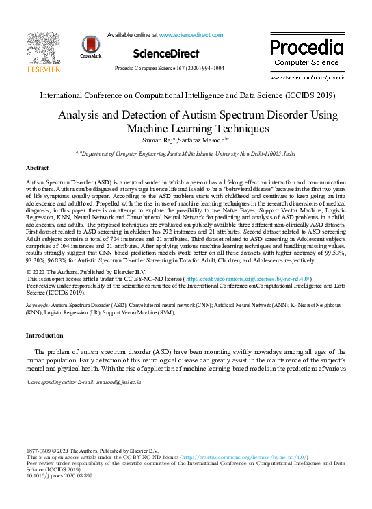 (PDF) Analysis and Detection of Autism Spectrum Disorder Using Machine ...