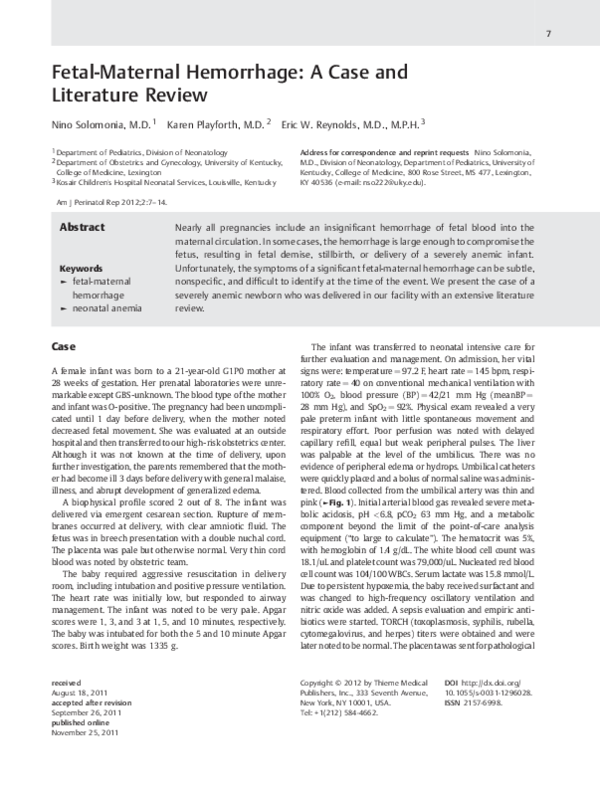 (PDF) Fetal-Maternal Hemorrhage: A Case and Literature Review
