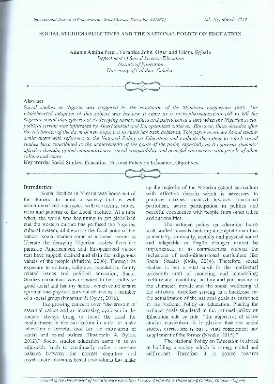 (PDF) Social Studies Objectives and the National Policy on Education