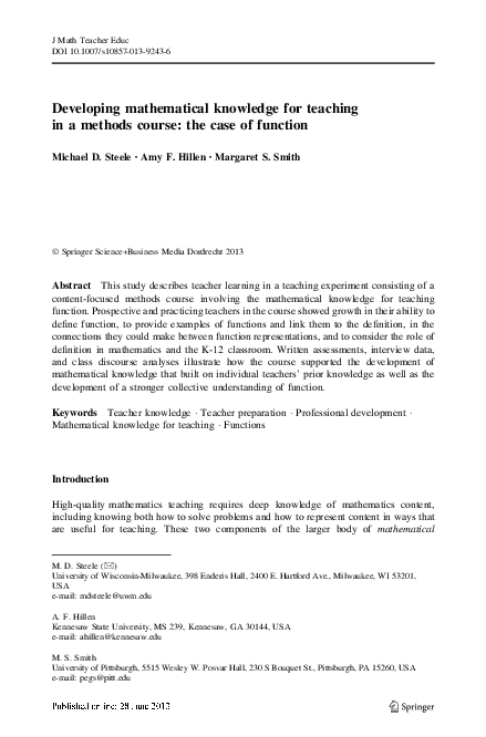 (PDF) Developing mathematical knowledge for teaching in a methods ...