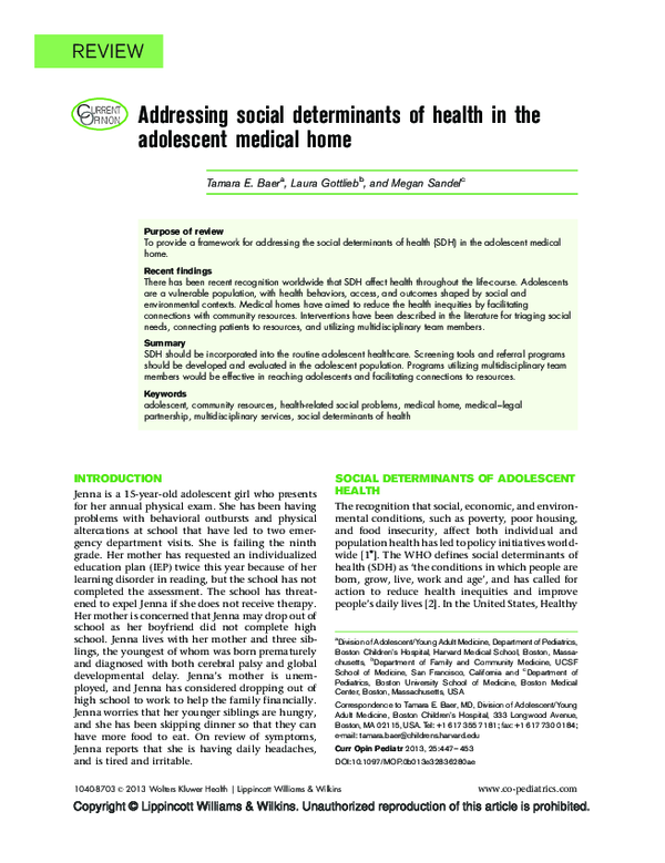 (PDF) Addressing social determinants of health in the adolescent ...