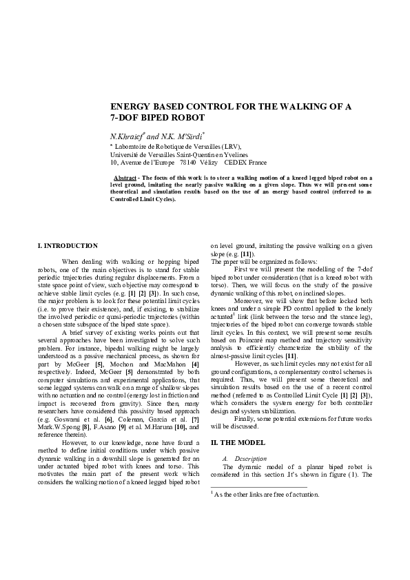 (PDF) Energy based control for the walking of a 7-DOF biped robot