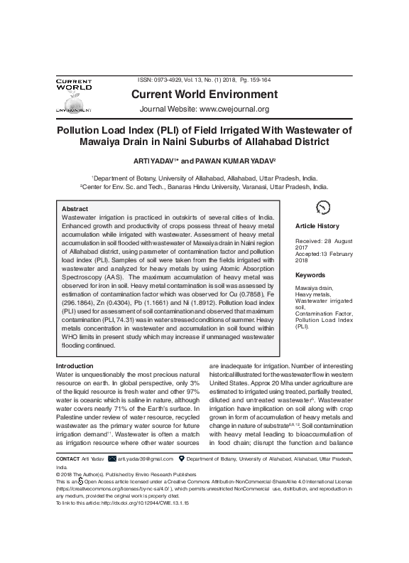 (PDF) Pollution Load Index (PLI) of field irrigated with wastewater of ...
