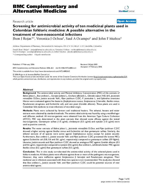 (PDF) Screening for antimicrobial activity of ten medicinal plants used in Colombian folkloric