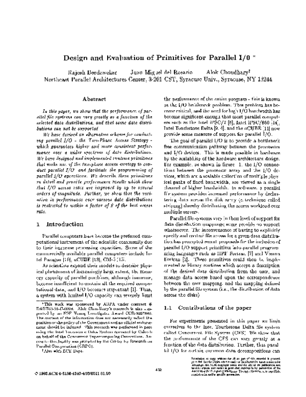 (PDF) Design and Evaluation of primitives for Parallel I/O