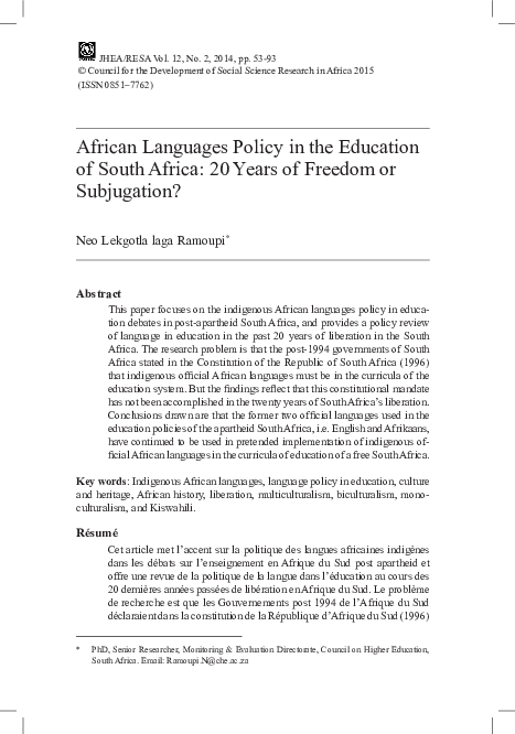 (PDF) 3 - African Languages Policy in the Education of South Africa: 20 ...