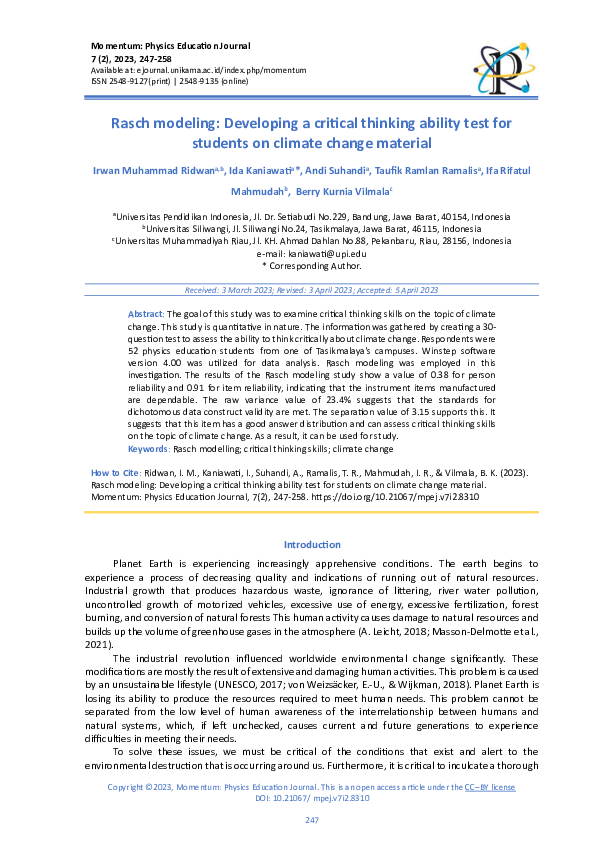 (PDF) Rasch modeling: Developing a critical thinking ability test for ...