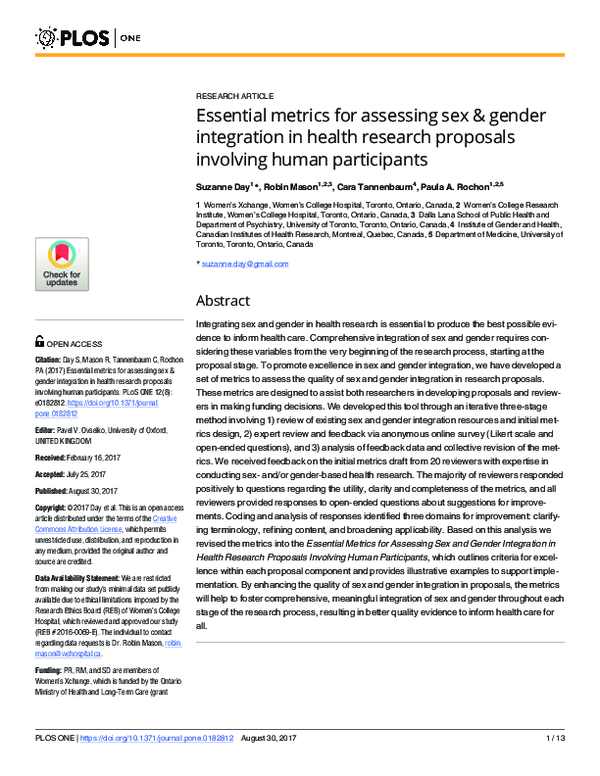 (PDF) Essential metrics for assessing sex & gender integration in ...