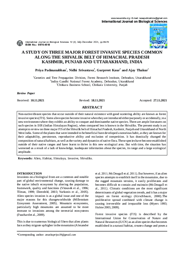 (PDF) A Study on Three Major Forest Invasive Species Common Along the ...