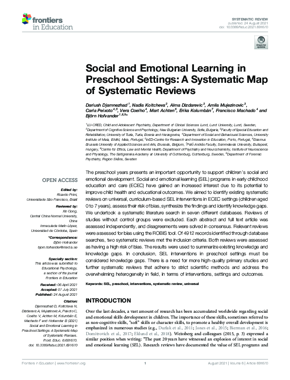 (PDF) Social and Emotional Learning in Preschool Settings: A Systematic ...