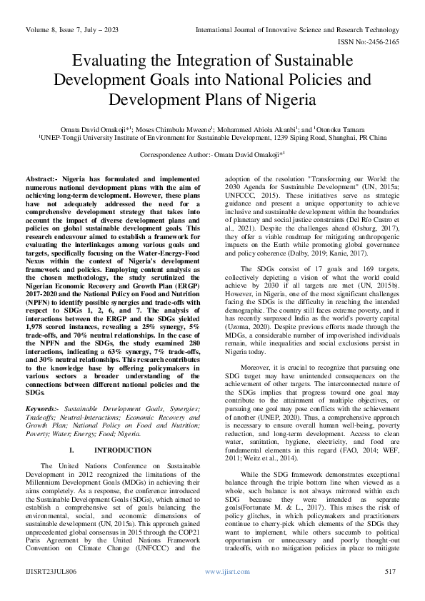 (PDF) Evaluating the Integration of Sustainable Development Goals into ...