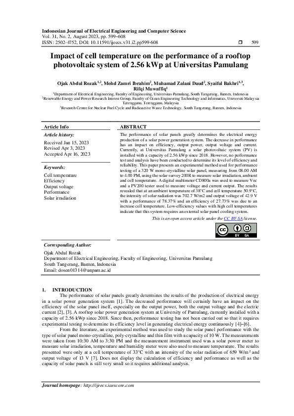 (PDF) Impact of cell temperature on the performance of a rooftop ...