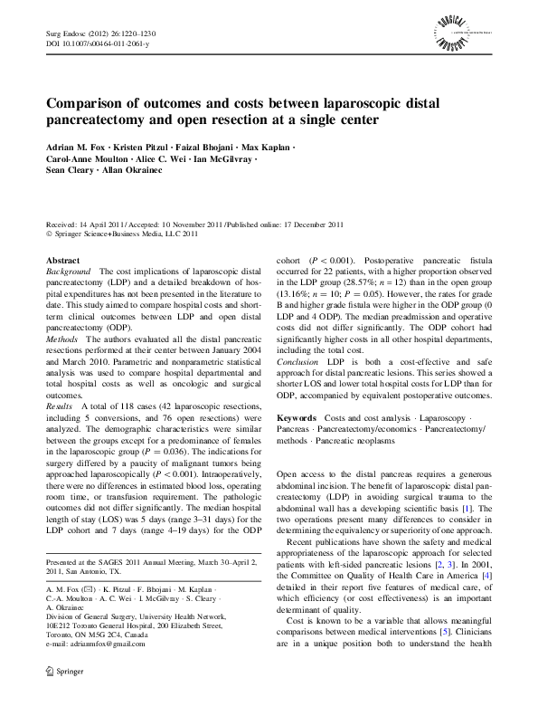 (PDF) Comparison of outcomes and costs between laparoscopic distal ...