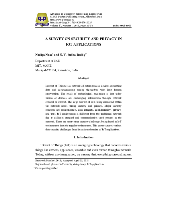 (PDF) A Survey on Security and Privacy in Iot Applications