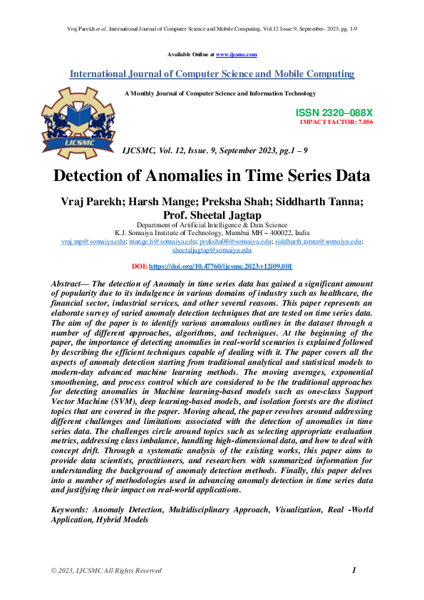 (PDF) Detection of Anomalies in Time Series Data