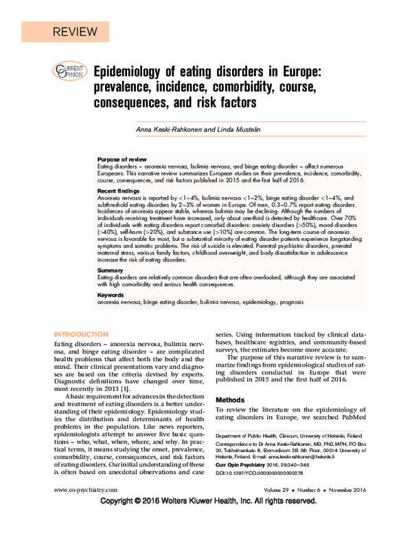 (PDF) Epidemiology of eating disorders in Europe