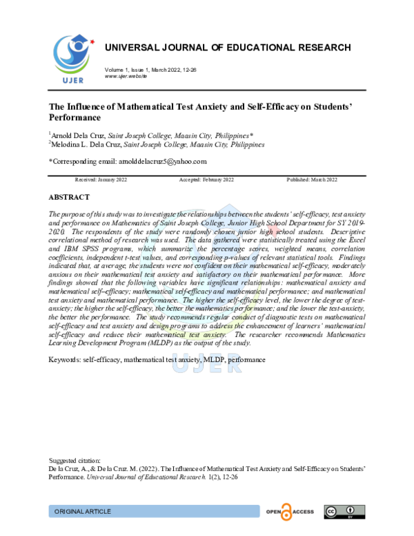 (PDF) The Influence of Mathematical Test Anxiety and Self-Efficacy on ...