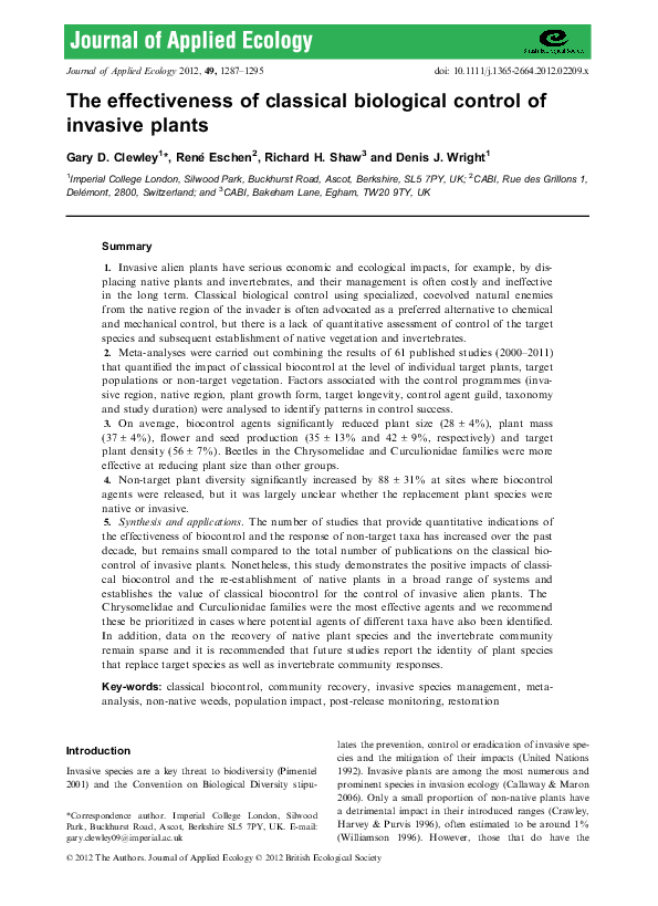 (PDF) The effectiveness of classical biological control of invasive plants