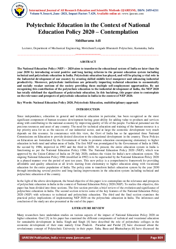 (PDF) Polytechnic Education in the Context of National Education Policy ...