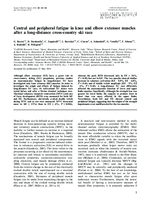 (PDF) Central and peripheral fatigue in knee and elbow extensor muscles ...