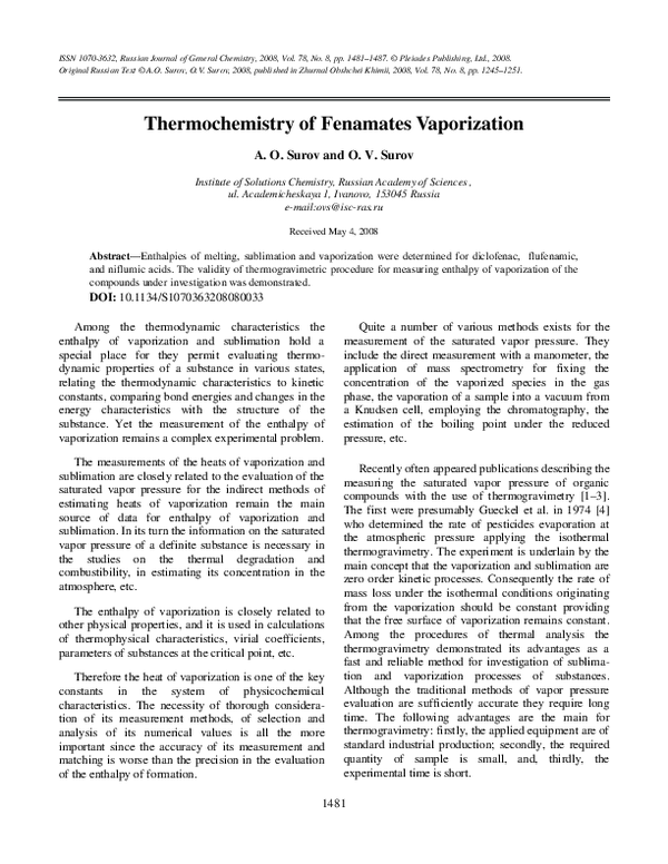 (PDF) Thermochemistry of fenamates vaporization