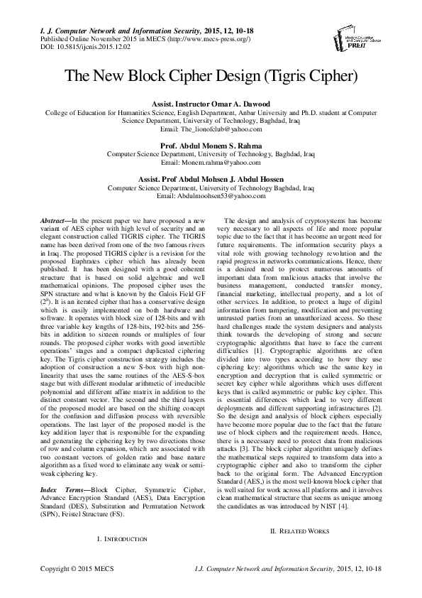 (PDF) The New Block Cipher Design (Tigris Cipher)