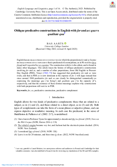 (PDF) Oblique predicative constructions in English with 'for' and 'as ...
