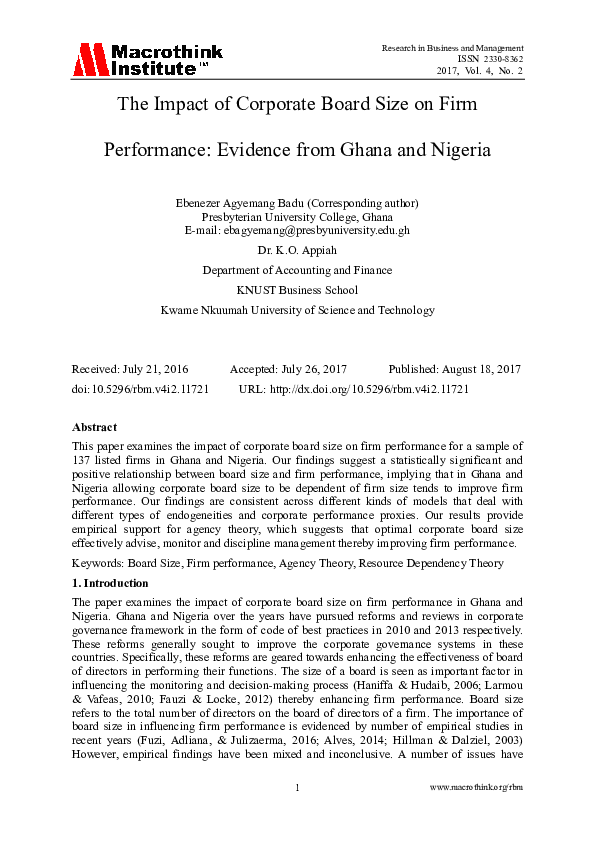(PDF) The Impact of Corporate Board Size on Firm Performance: Evidence ...
