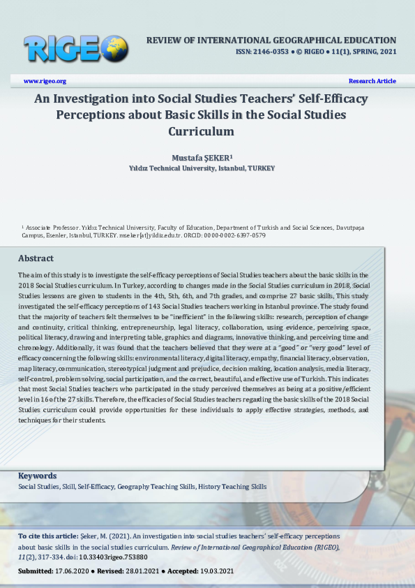 (PDF) An Investigation into Social Studies Teachers’ Self-Efficacy ...