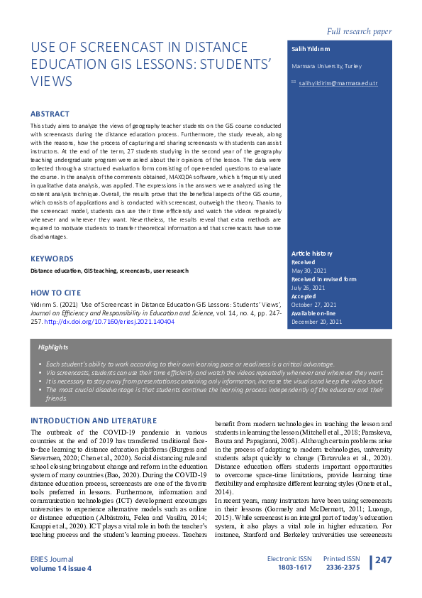 (PDF) Use of screencast in distance education GIS lessons: Students' views