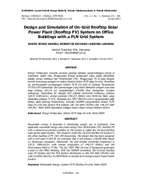 (PDF) Design and Simulation of On-Grid Rooftop Solar Power Plant ...