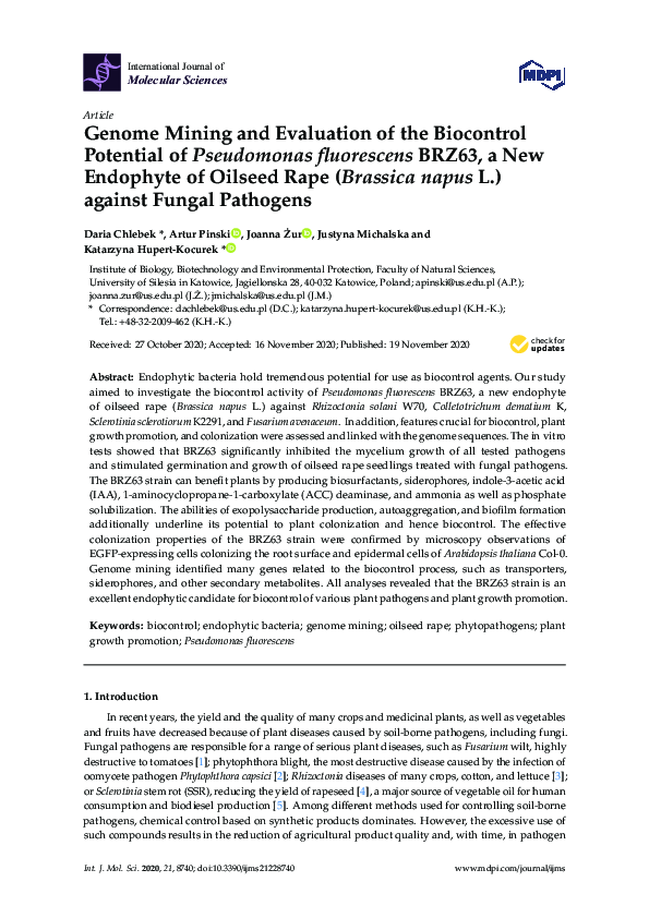 Genome Mining and Evaluation of the Biocontrol Potential of Pseudomonas fluorescens BRZ63, a New Endophyte of Oilseed Rape (Brassica napus L.) against Fungal Pathogens