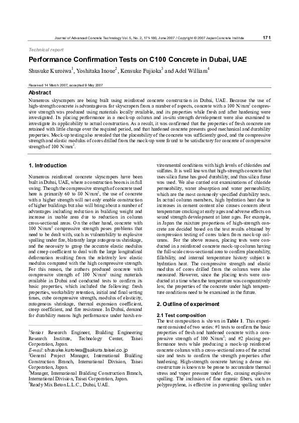 (PDF) Performance Confirmation Tests on C100 Concrete in Dubai, UAE