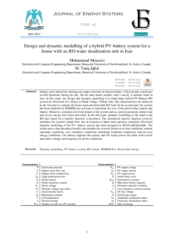 (PDF) Design and dynamic modelling of a hybrid PV-battery system for a ...