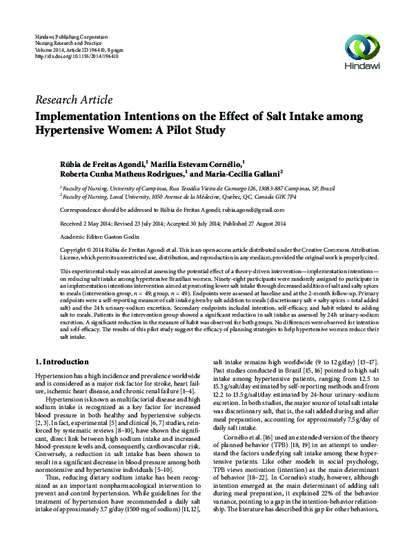 (PDF) Implementation Intentions on the Effect of Salt Intake among ...