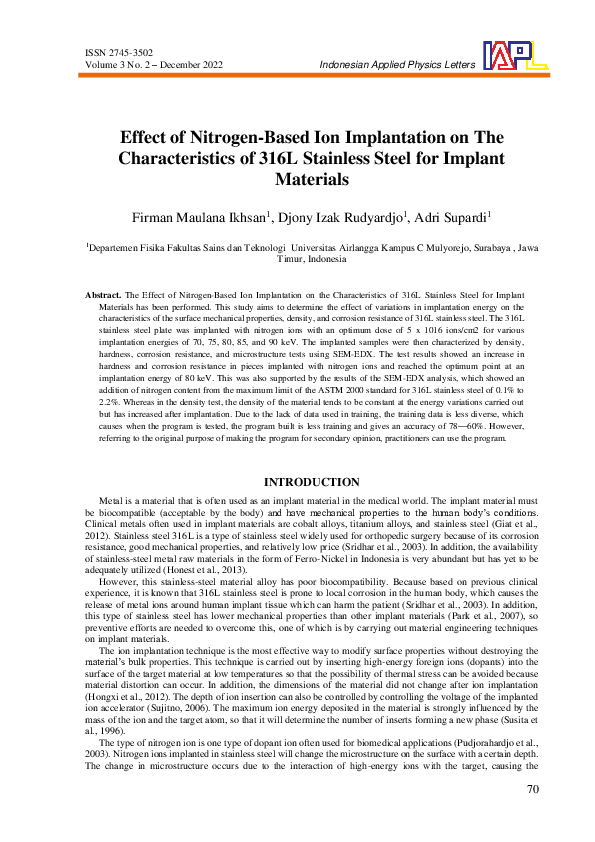 (PDF) Effect of Nitrogen-Based Ion Implantation on The Characteristics ...