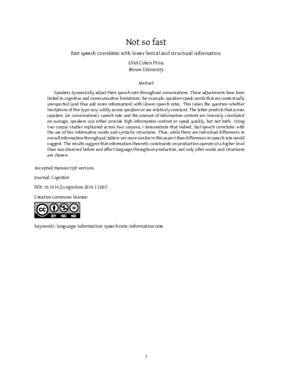 (PDF) Not so fast: Fast speech correlates with lower lexical and ...