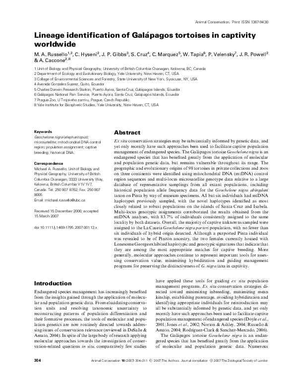 (PDF) Lineage identification of Galápagos tortoises in captivity worldwide