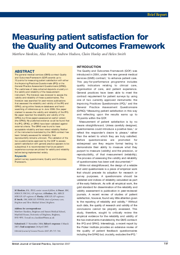(PDF) Measuring patient satisfaction for the Quality and Outcomes Framework