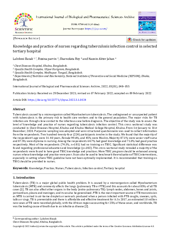 (PDF) Knowledge and practice of nurses regarding tuberculosis infection ...