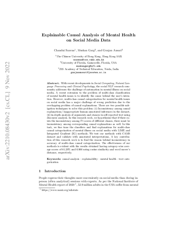 (PDF) Explainable Causal Analysis of Mental Health on Social Media Data