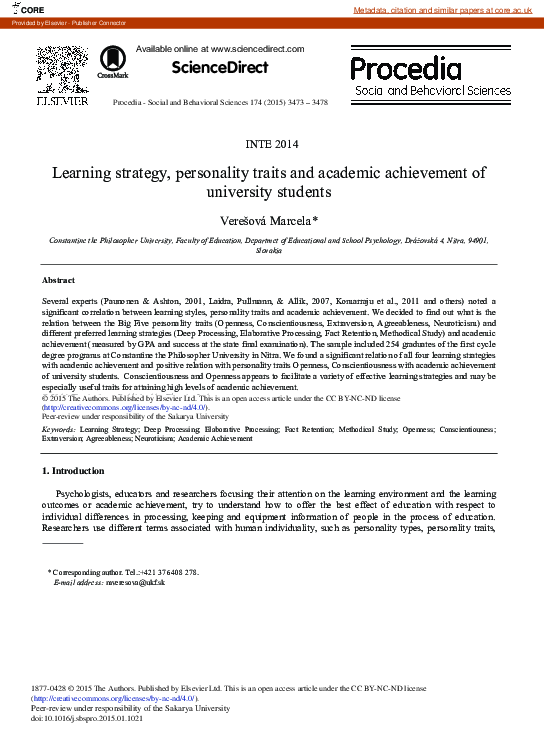 (PDF) Learning Strategy, Personality Traits and Academic Achievement of ...